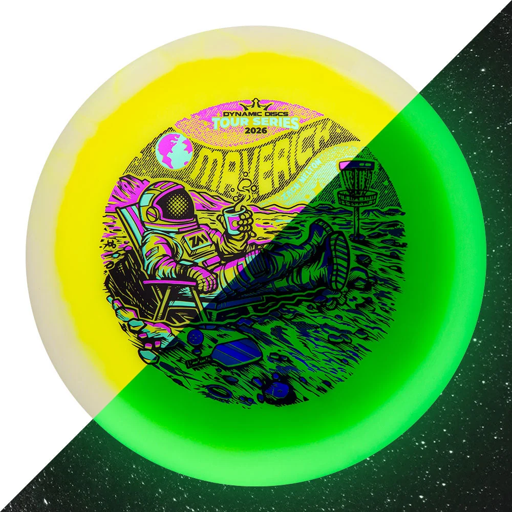 Dynamic Discs Maverick in Lucid-X Moonshine Orbit plastic, Zach Melton 2026 Tour Series, Yellow/Clear